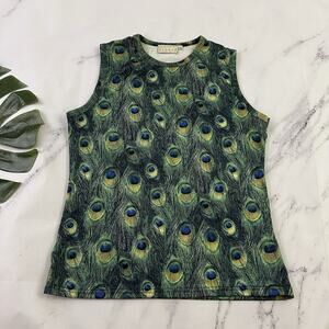 Hennes Womens Vintage Y2k Tank Top Size M Green Blue Peacock Feather Print